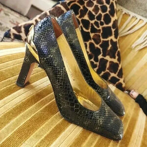 Timothy Hitsman Size 6.5 Gold Black High Heels Pumps Shoes Croc Snake